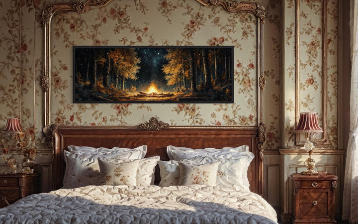 Forest Campfire Long Horizontal Wall Art above bed