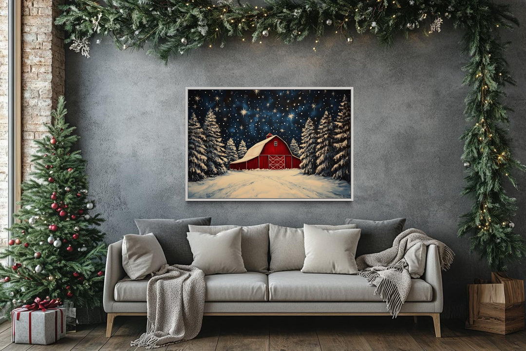 Snow Covered Red Farm Barn In Winter Christmas Canvas Wall Art in Christmas decorated room