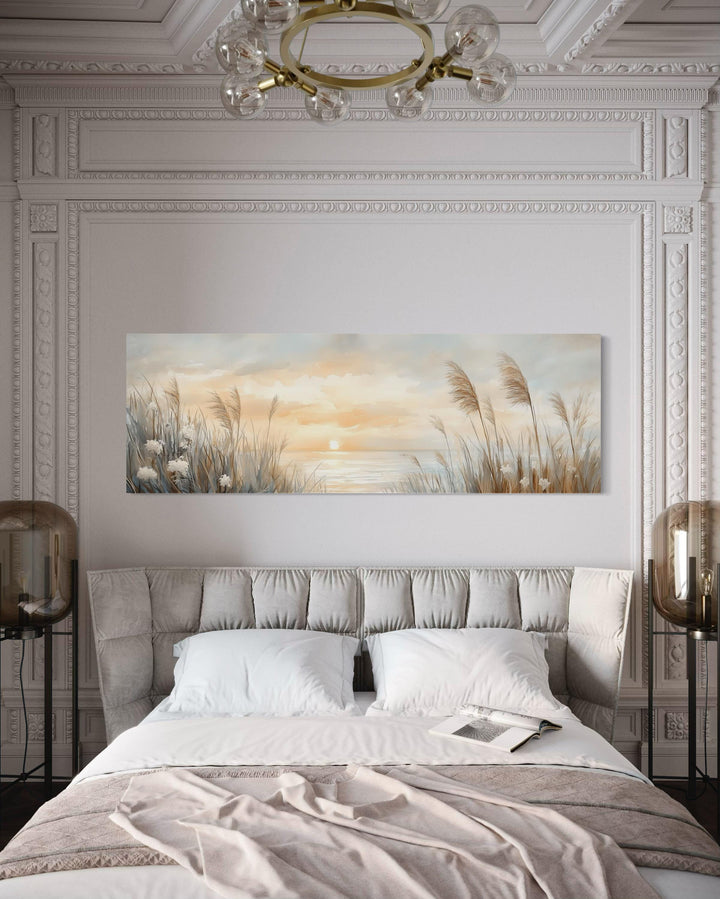 Pampas Grass On The Beach Coastal Horizontal Wall Art over bed