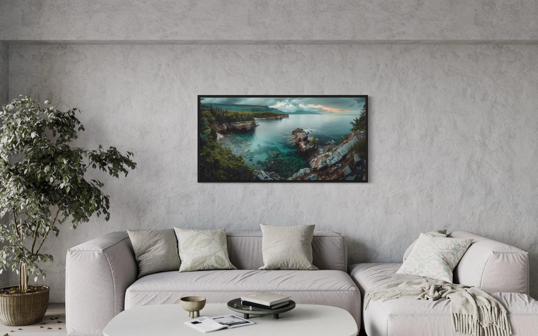 Lake Superior Framed Canvas Wall Art above grey couch