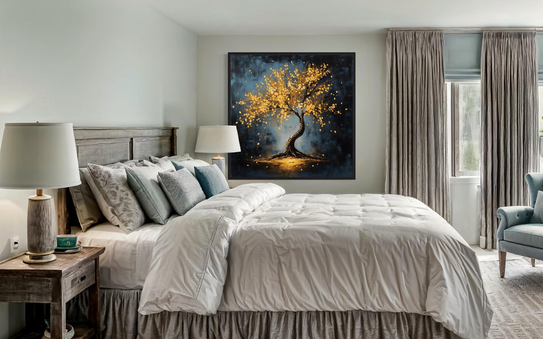 Lonely Magical Tree With Golden Leaves Framed Canvas Wall Art in bedroom