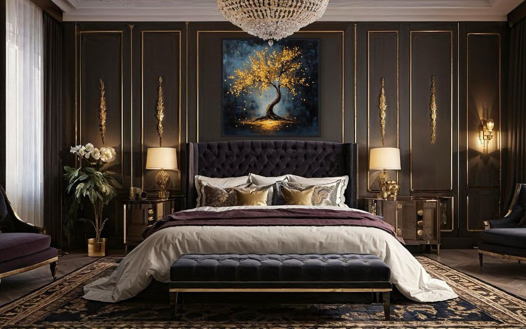 Lonely Magical Tree With Golden Leaves Framed Canvas Wall Art above dark bed