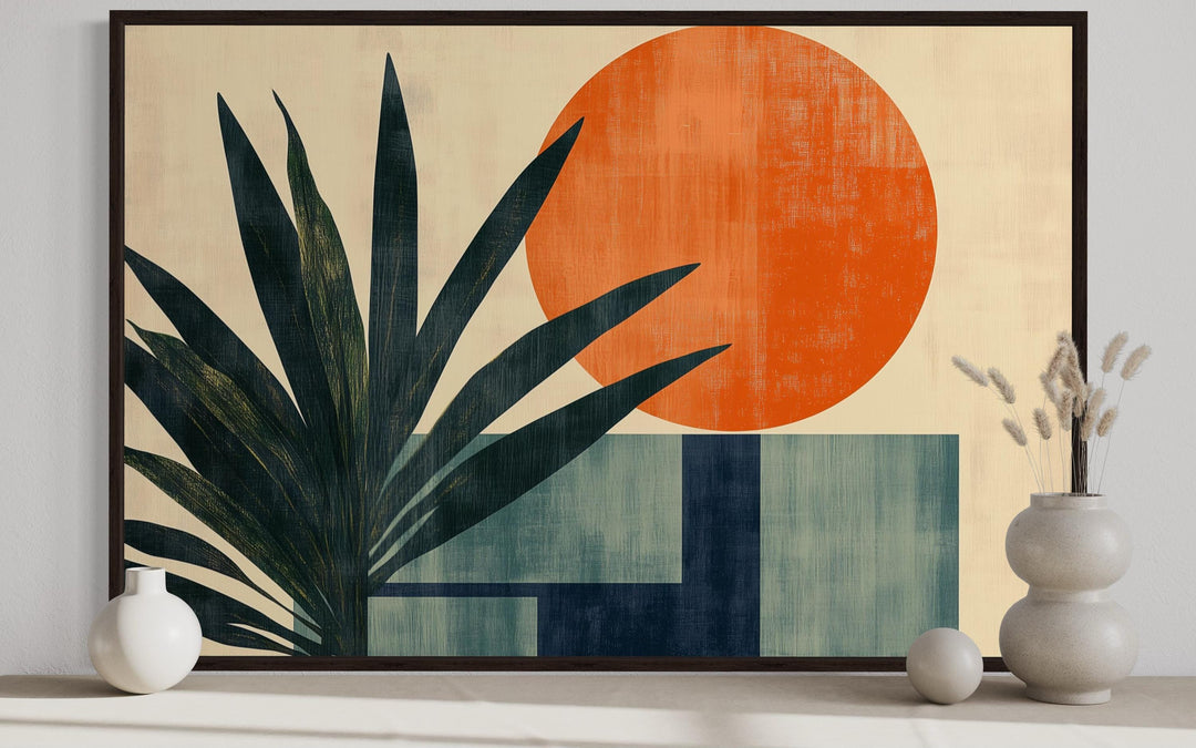 Mid Century Modern Geometric Sun And Palm Leaves Wall Art close up