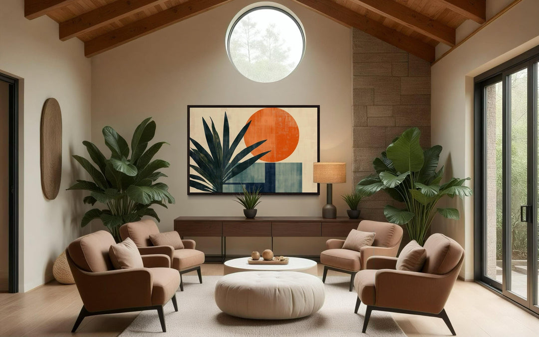 Mid Century Modern Geometric Sun And Palm Leaves Wall Art in living room