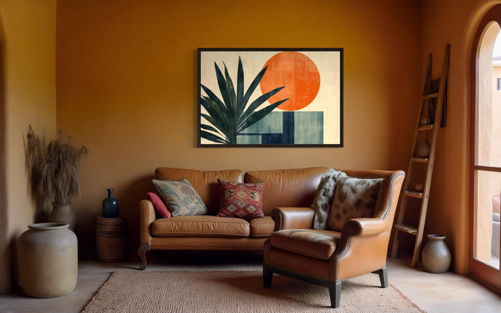 Mid Century Modern Geometric Sun And Palm Leaves Wall Art