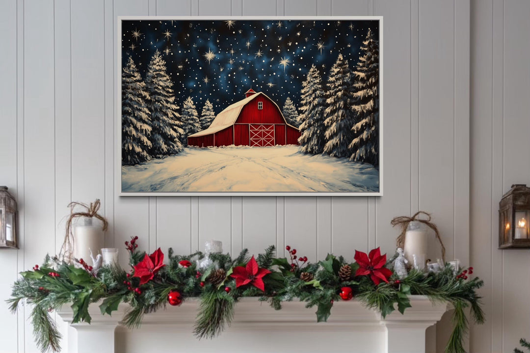 Snow Covered Red Farm Barn In Winter Christmas Canvas Wall Art