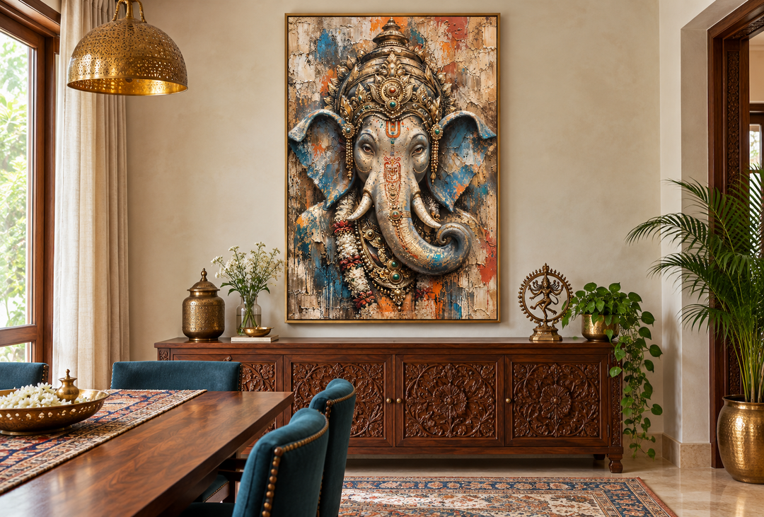 Abstract modern distressed Lord Ganesha framed canvas wall art in a dining room setting.
