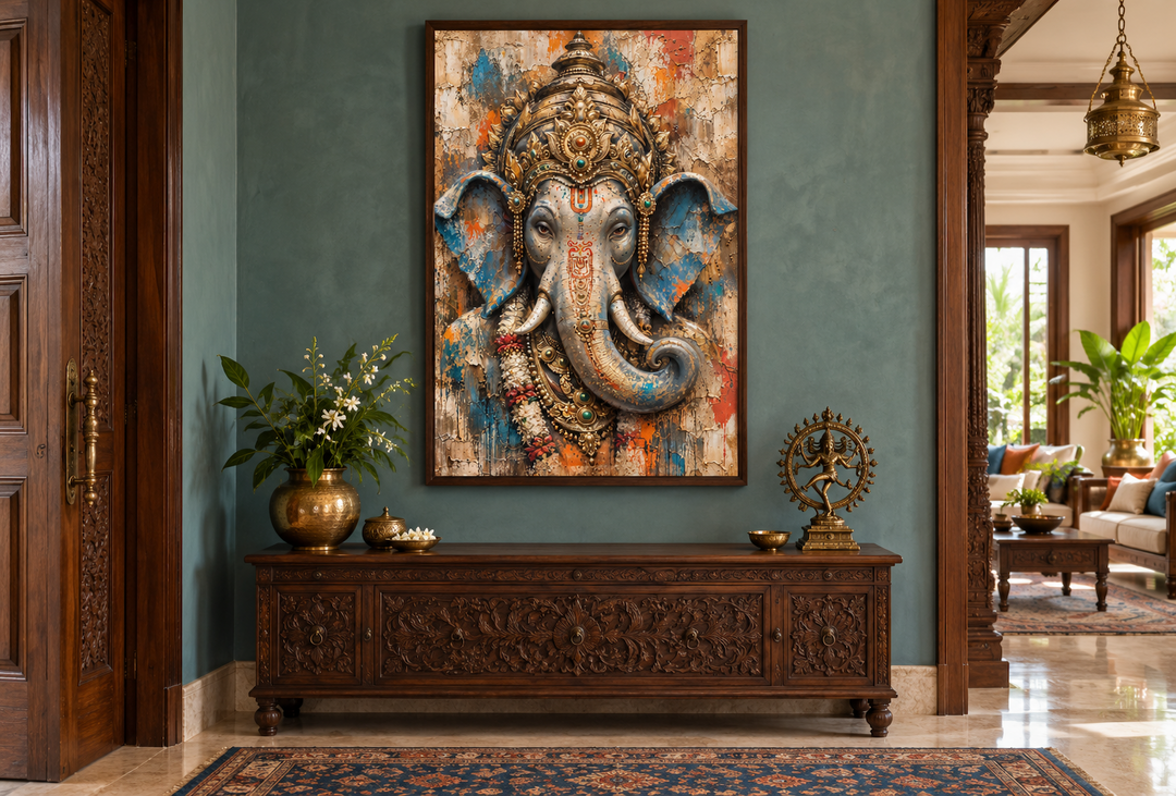 Abstract modern distressed Lord Ganesha framed canvas wall art in a walnut frame above a console.