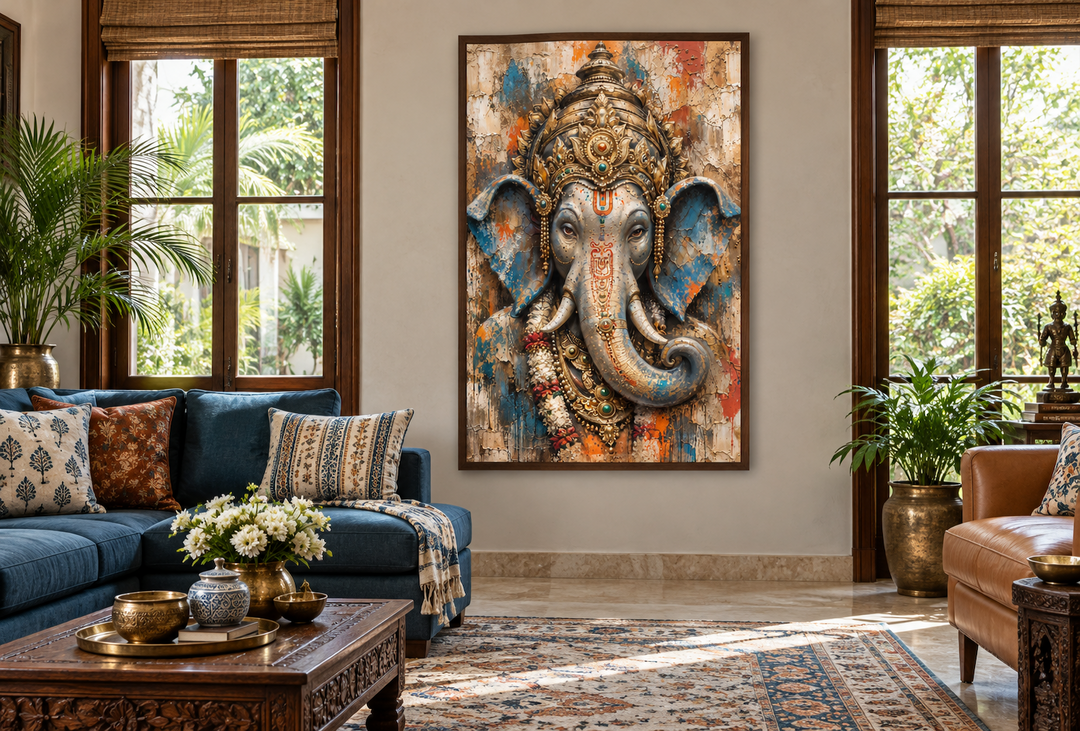 Abstract modern distressed Lord Ganesha framed canvas wall art in a contemporary living room.
