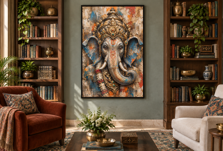 Abstract modern distressed Lord Ganesha framed canvas wall art in a living room setting.