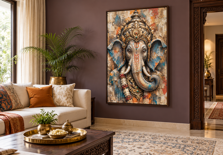 Abstract modern distressed Lord Ganesha framed canvas wall art in a contemporary living room.