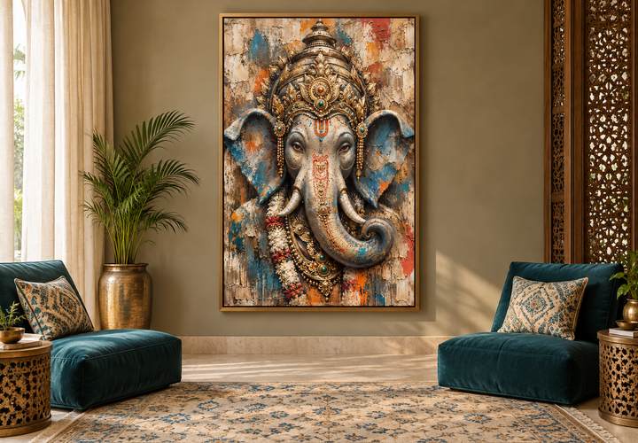 Abstract modern distressed Lord Ganesha framed canvas wall art in a serene living room setting.