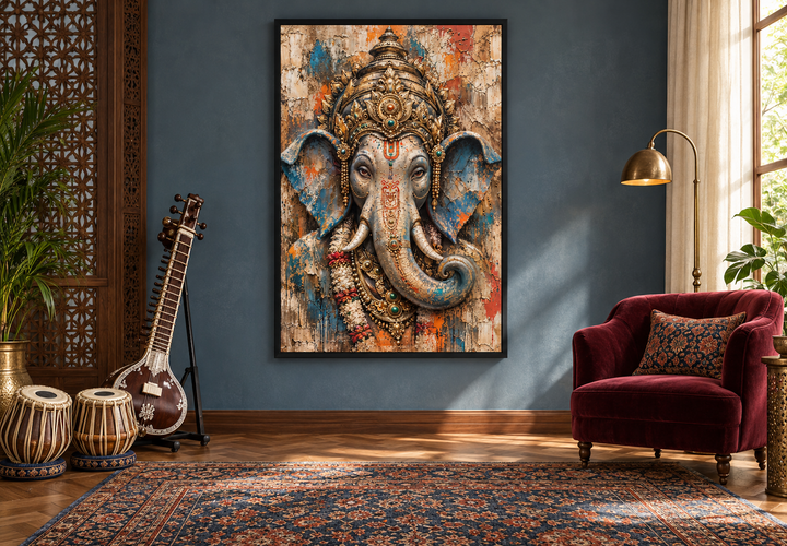 Abstract Lord Ganesha framed canvas wall art in a modern living room with Indian musical instruments.
