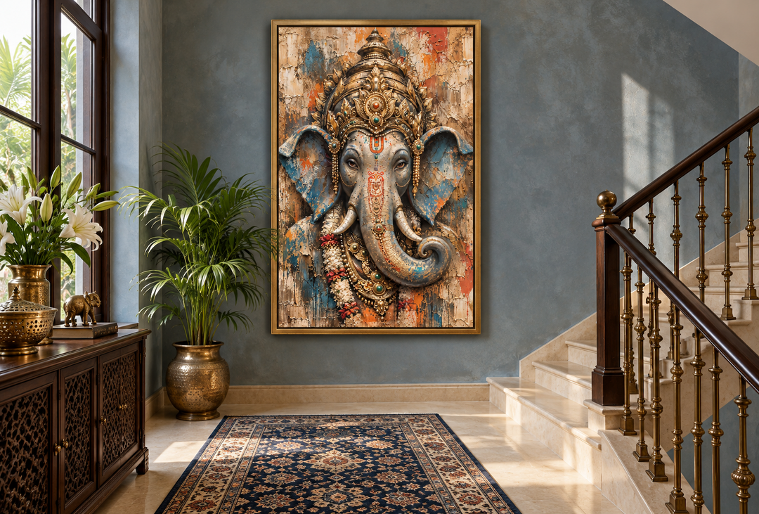 Abstract Lord Ganesha framed canvas wall art in a modern hallway with a staircase and rug.