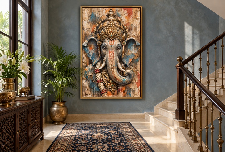 Abstract Lord Ganesha framed canvas wall art in a modern hallway with a staircase and rug.