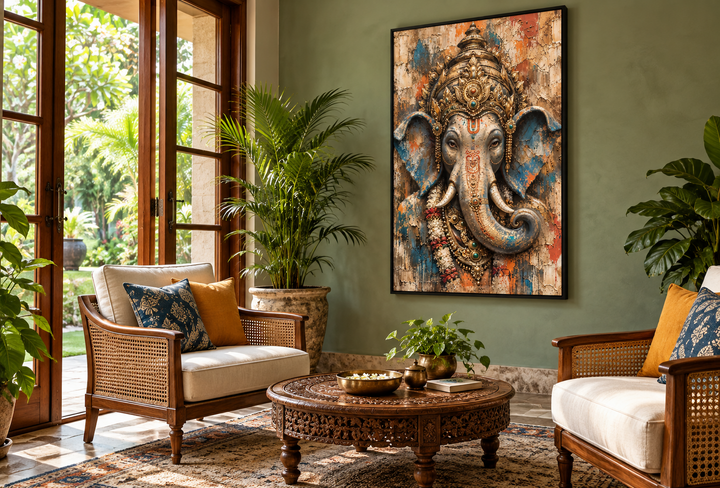 Abstract modern distressed Lord Ganesha framed canvas wall art in a sunlit living room.