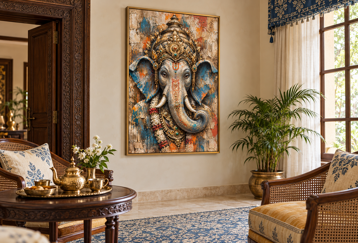 Abstract modern distressed Lord Ganesha framed canvas wall art in a traditional living room.