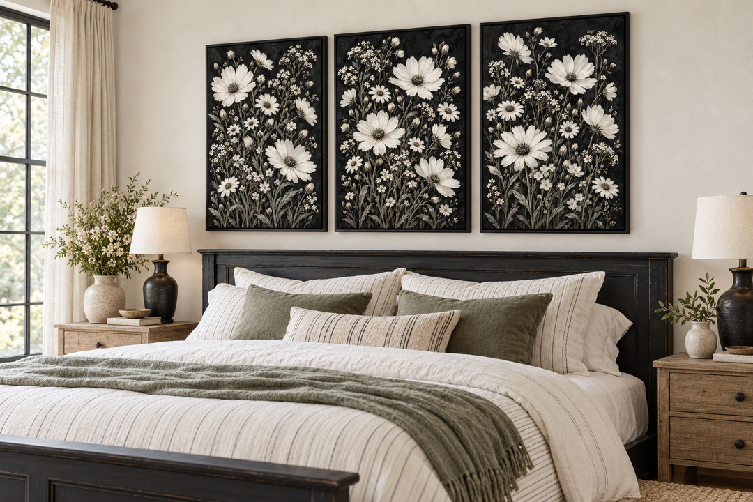 Set of 3 white wildflower canvas prints on black backgrounds above a rustic bed with green pillows.