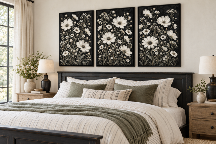 Set of 3 white wildflower canvas prints on black backgrounds above a rustic bed with green pillows.