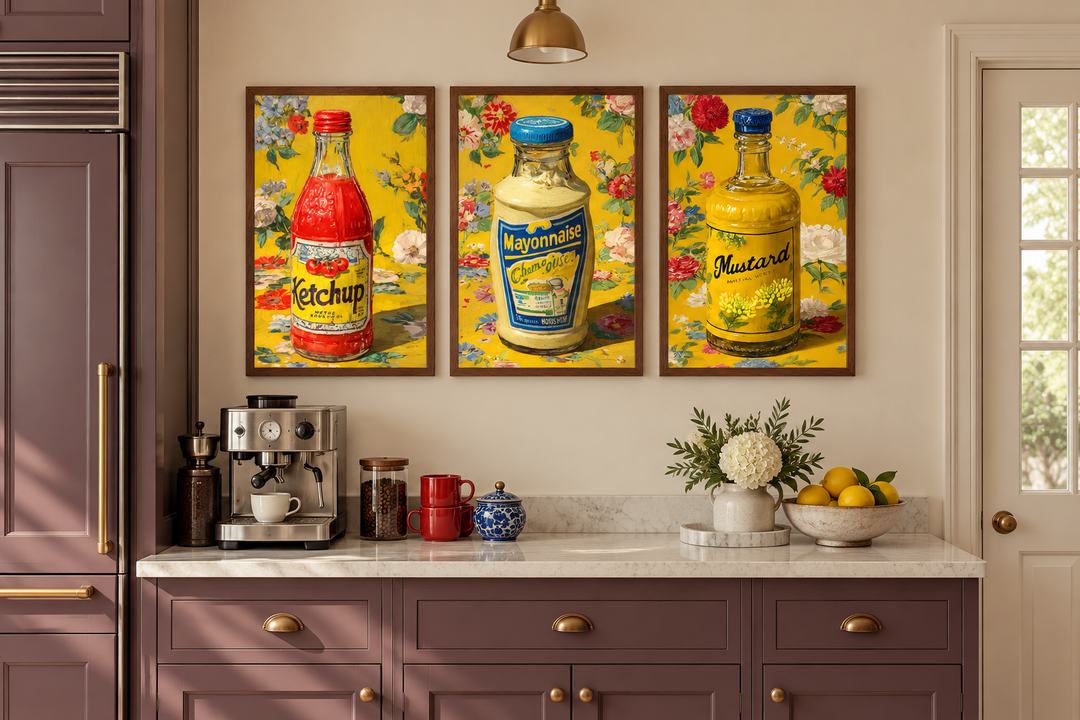 Set of 3 retro kitchen wall art prints featuring ketchup, mayonnaise, and mustard bottles.