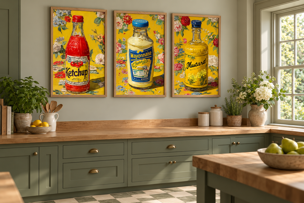 Set of 3 retro kitchen wall art prints featuring ketchup, mayonnaise, and mustard bottles.