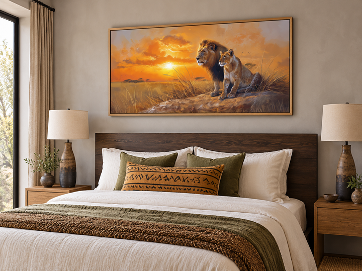 Lion and lioness framed canvas wall art above a bed in a rustic bedroom with African savannah theme.