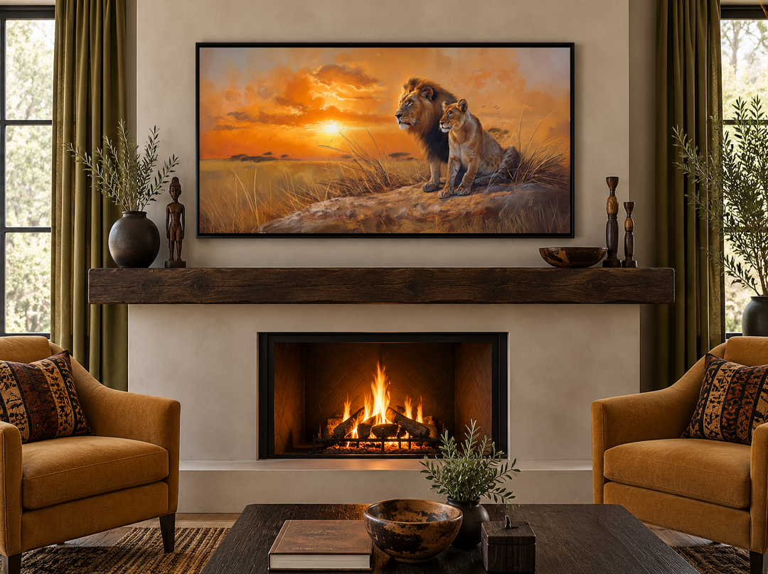 Lion and lioness framed canvas print above a fireplace in a rustic living room.
