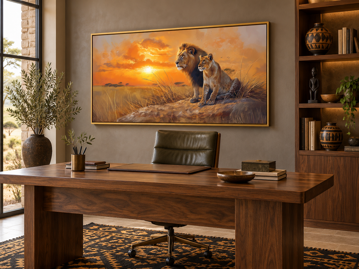Framed canvas print of a lion and lioness at sunset in the African savannah above a wooden desk.