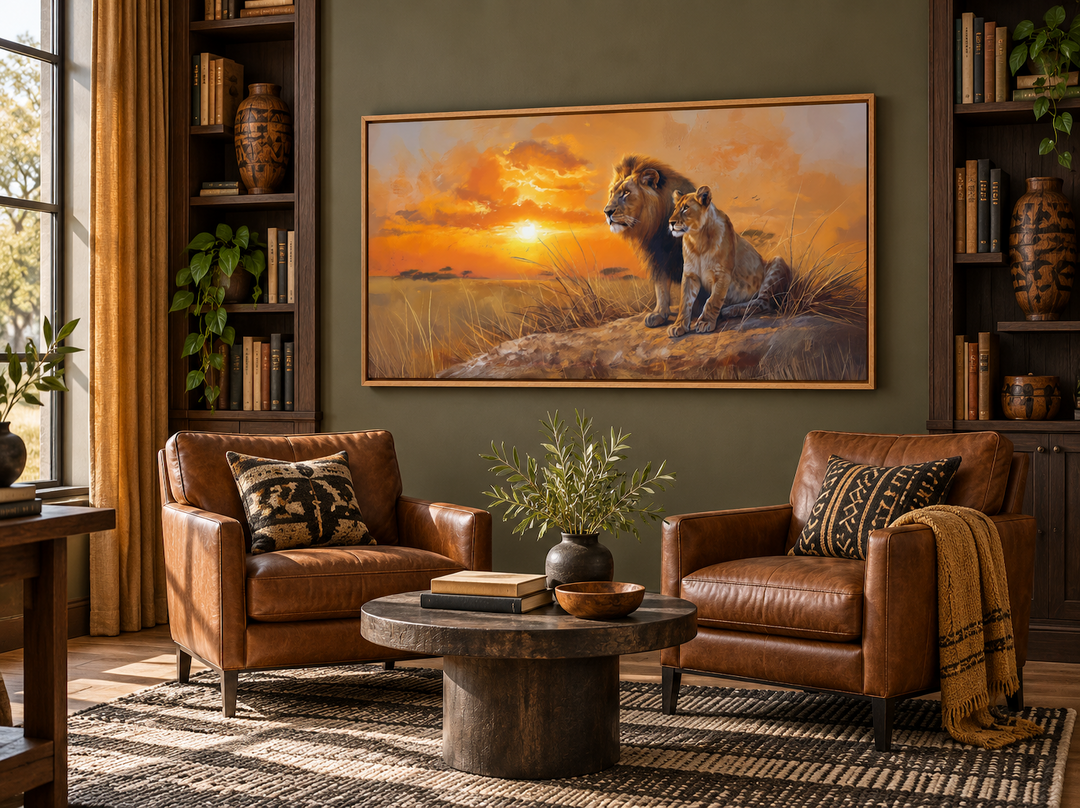Framed canvas print of a lion and lioness at sunset in a rustic living room with leather chairs.