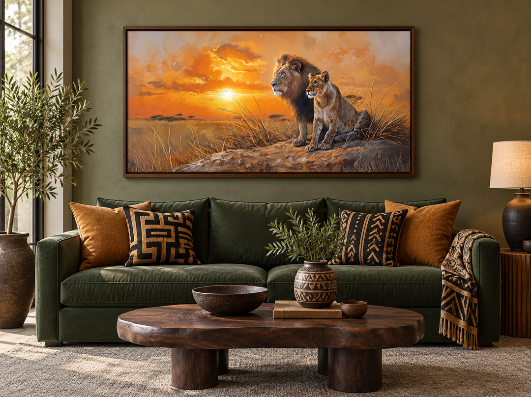 Framed canvas print of a lion and lioness at sunset over a green sofa in a rustic living room.