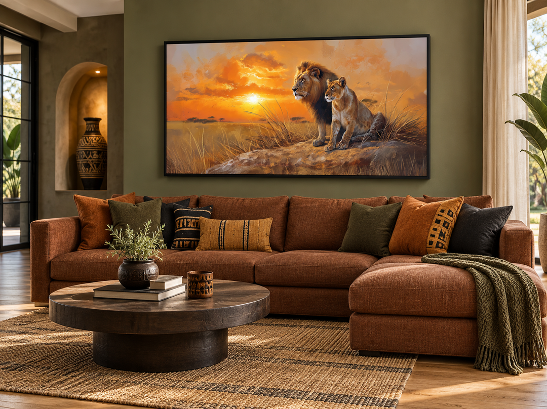 Framed canvas print of a lion and lioness at sunset above a brown sectional sofa in a rustic room.