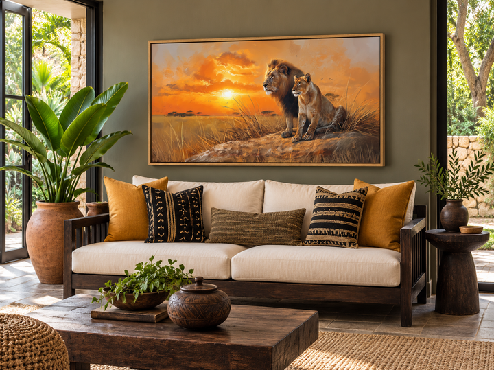 Framed canvas print of a lion and lioness at sunset in the African savannah above a white sofa.