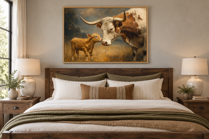 Mama longhorn cow and calf canvas wall art in a wooden frame above a farmhouse style bed.