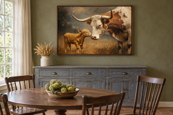 Mama Longhorn cow and calf canvas wall art in a walnut frame above a blue sideboard.