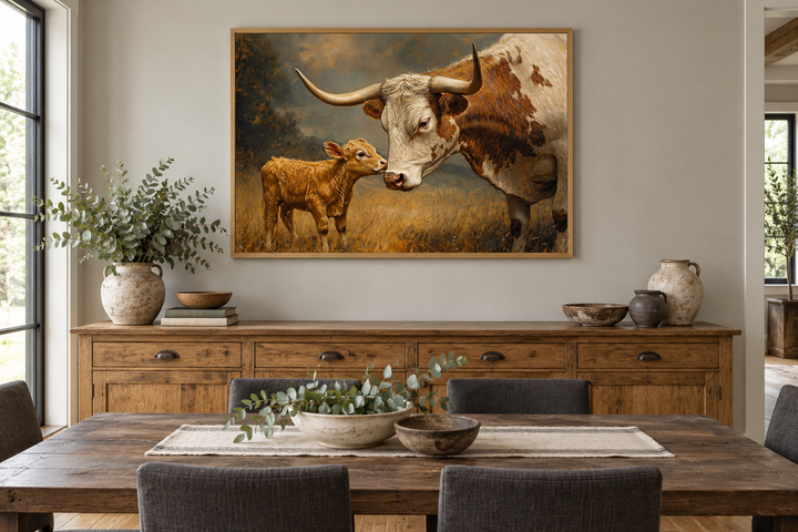 Mama Longhorn cow and calf canvas wall art in a wooden frame above a rustic dining room sideboard.