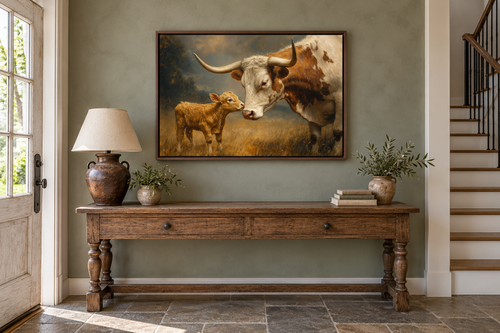 Mama Longhorn Cow and Calf canvas wall art in a walnut frame above a rustic wooden console table.