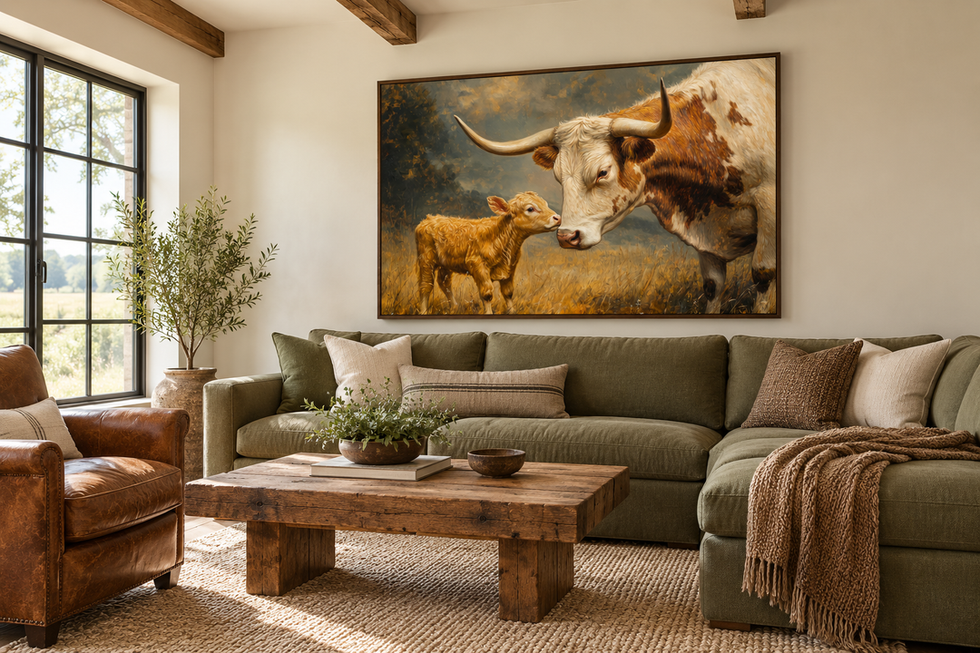 Mama Longhorn Cow and Calf canvas wall art in a rustic farmhouse living room above a green sofa.
