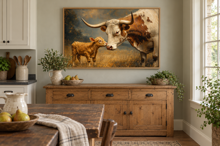 Mama Longhorn cow and calf canvas wall art in a wood frame above a rustic wooden sideboard.