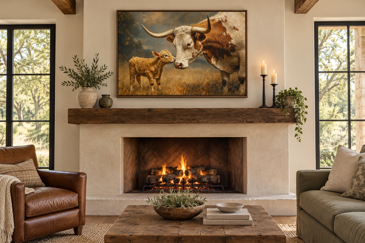 Mama Longhorn Cow and Calf canvas wall art in a walnut frame above a rustic fireplace mantel.