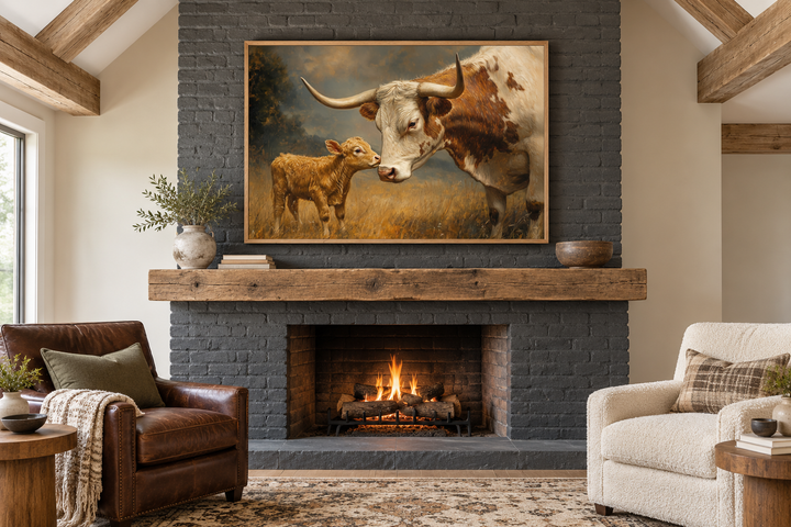 Mama longhorn cow and calf canvas wall art in a rustic frame above a dark brick fireplace.
