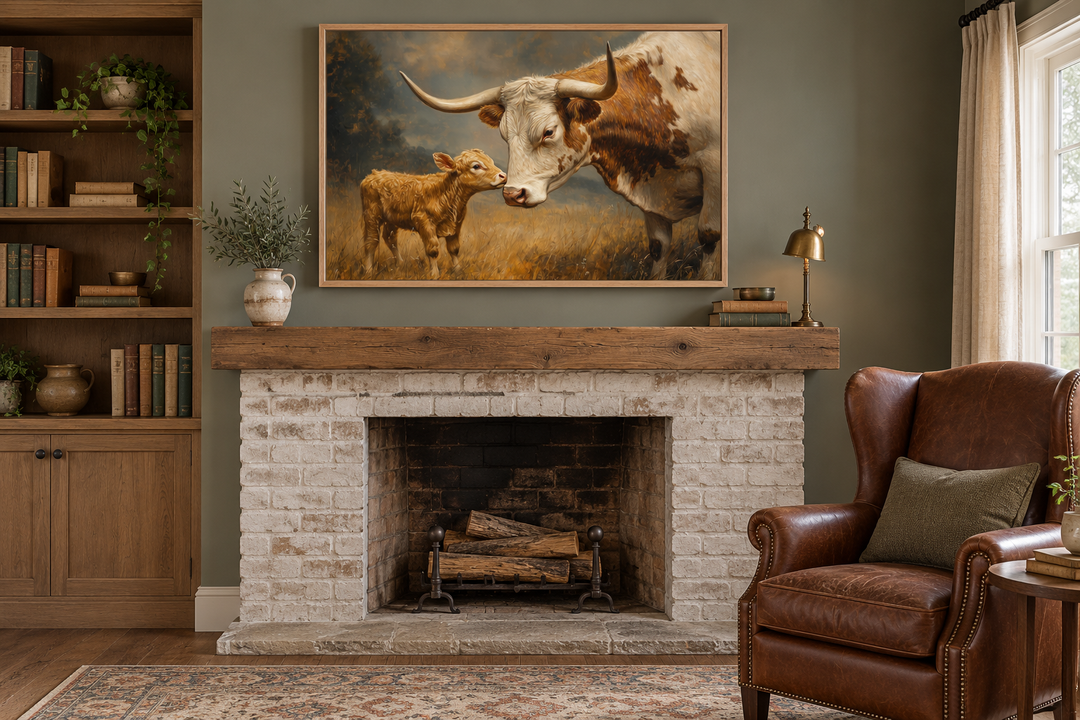 Mama longhorn cow and calf canvas wall art in a wood frame above a rustic brick fireplace.