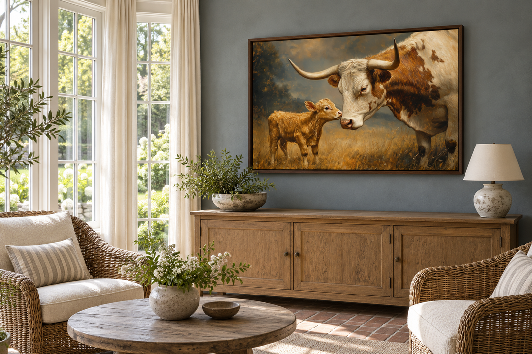 Mama longhorn cow and calf canvas wall art in a walnut frame above a wooden sideboard.