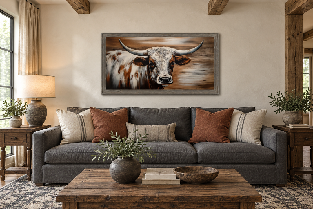 Rustic longhorn bull painting in a barnwood frame above a gray sofa in a farmhouse living room.