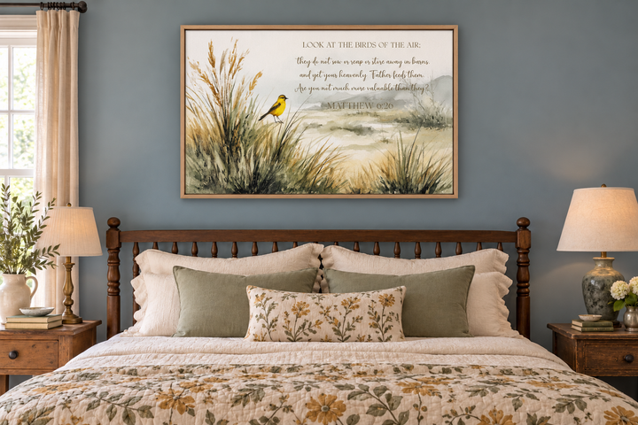 Matthew 6:26 scripture wall art with a watercolor bird and meadow scene above a bed.
