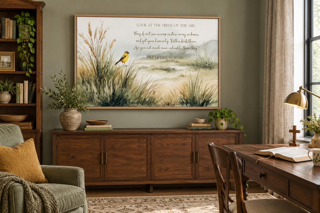 Matthew 6:26 scripture wall art with watercolor birds and meadow in a wooden frame over a sideboard.