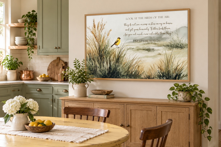 Matthew 6:26 scripture wall art with watercolor birds and meadow in a light wood frame.