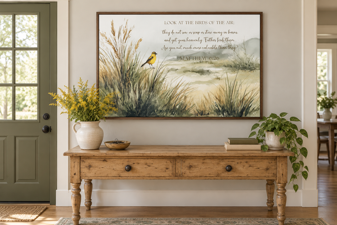 Matthew 6:26 Scripture wall art with watercolor birds and meadow on a wooden console table.