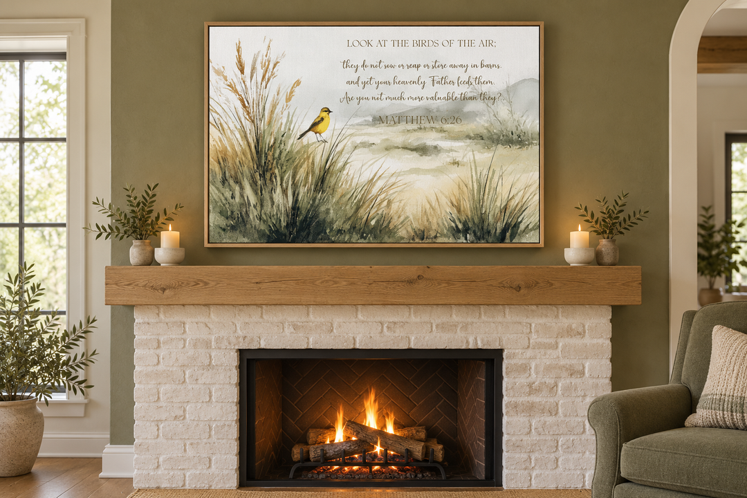 Matthew 6:26 scripture wall art with watercolor birds and meadow above a white brick fireplace.