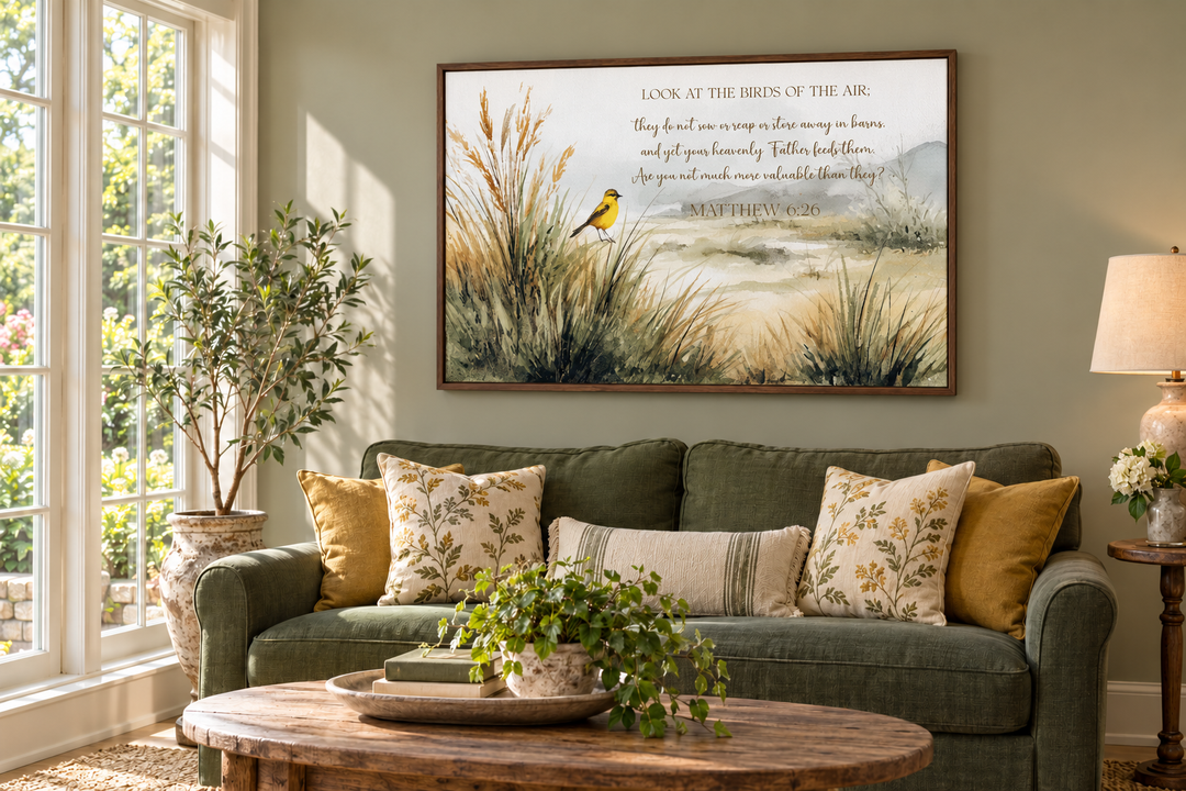 Matthew 6:26 Scripture wall art with watercolor birds and meadow in a walnut frame over a green sofa