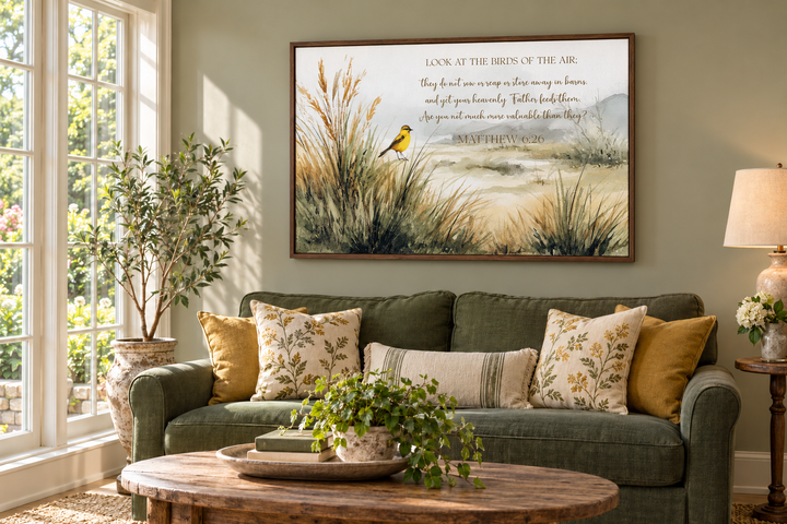 Matthew 6:26 Scripture wall art with watercolor birds and meadow in a walnut frame over a green sofa